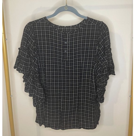 Loft Plaid Checkered Ruffle Sleeve Blouse - Picture 3 of 6